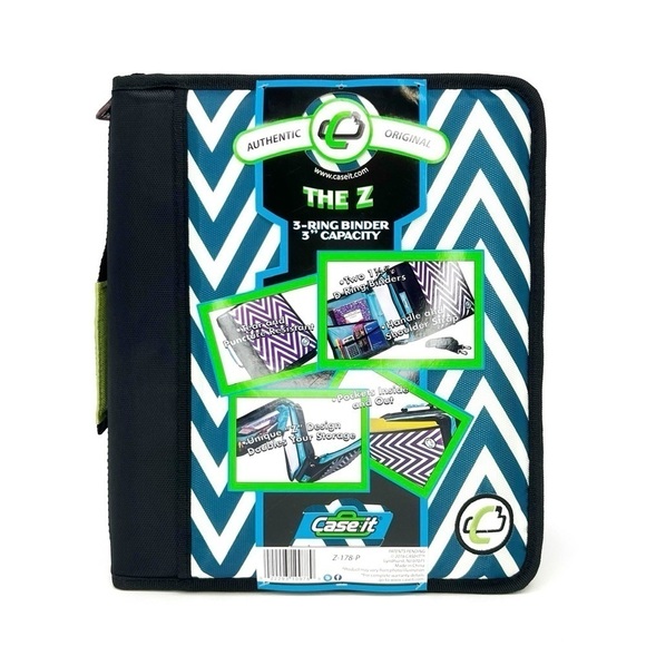 Case-It “The Z” Dual Three Ring Zip Binder Blue & White Chevron Handle Strap NWT - Picture 1 of 7